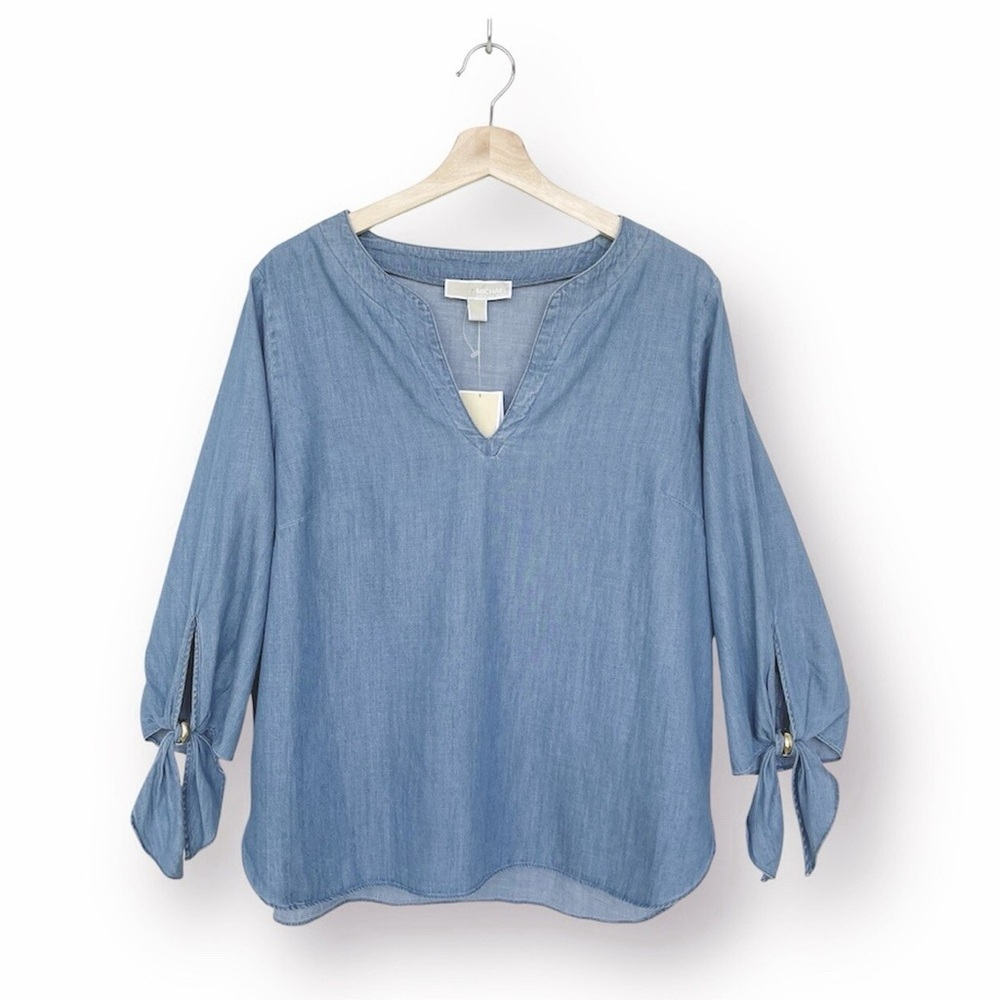 Michael Kors Chambray Boho Blouse 3/4 Tie Sleeve Large Split V-Neck Pull-On Blue